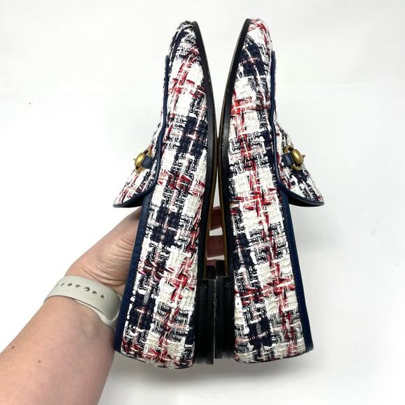 Gucci Jordaan Tweed Check Horsebit Flat Loafers Red White Blue Gold EU 37 - Picture 4 of 14
